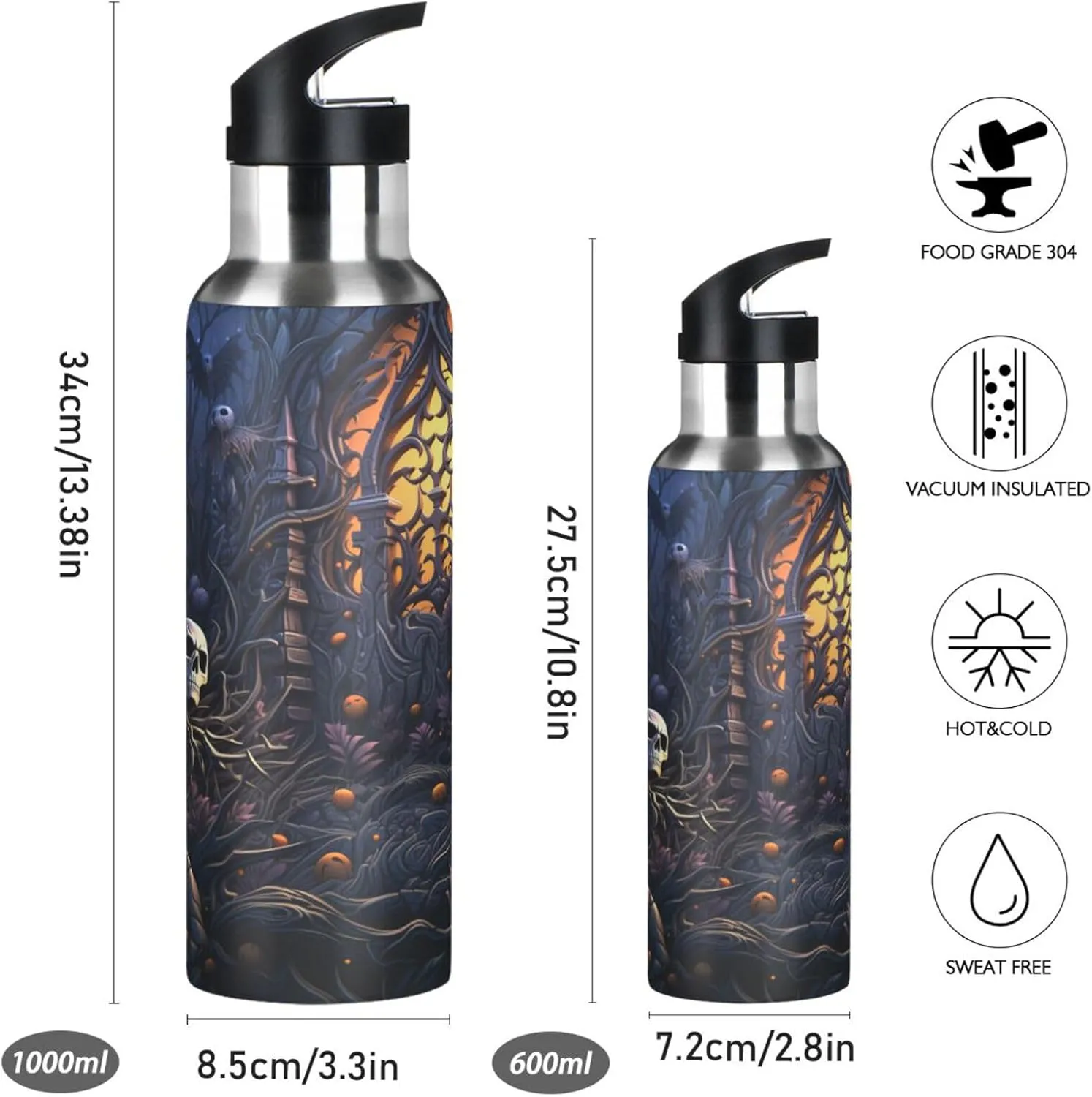 Halloween Style Skull Moon Sport Water Bottle Insulated Stainless Steel Large Vacuum Flask Leak Proof Thermos with Straw for Travel(600ml/1000ml)