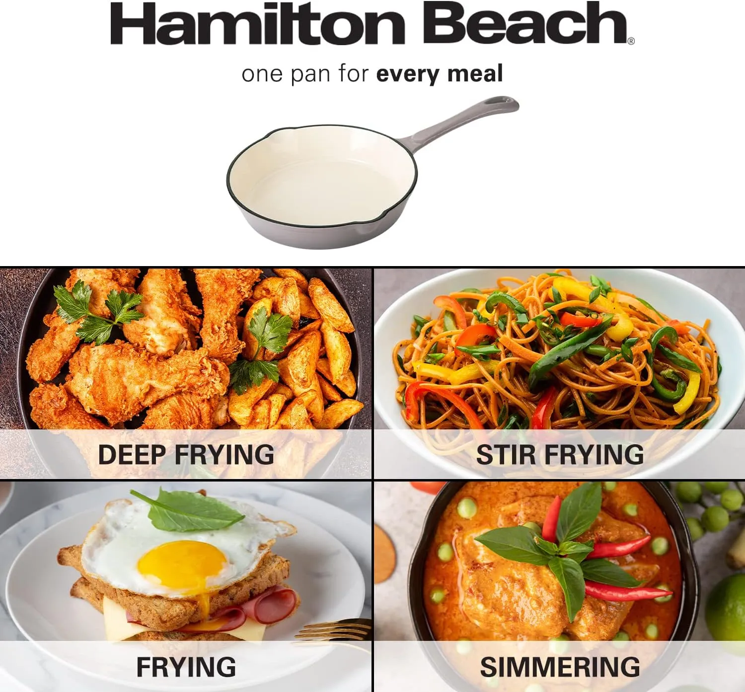 Hamilton Beach Enameled Cast Iron Fry Pan 10-Inch Gray, Cream Enamel coating, Skillet Pan For Stove top and Oven, Even Heat Distribution, Safe Up to 400 Degrees, Durable