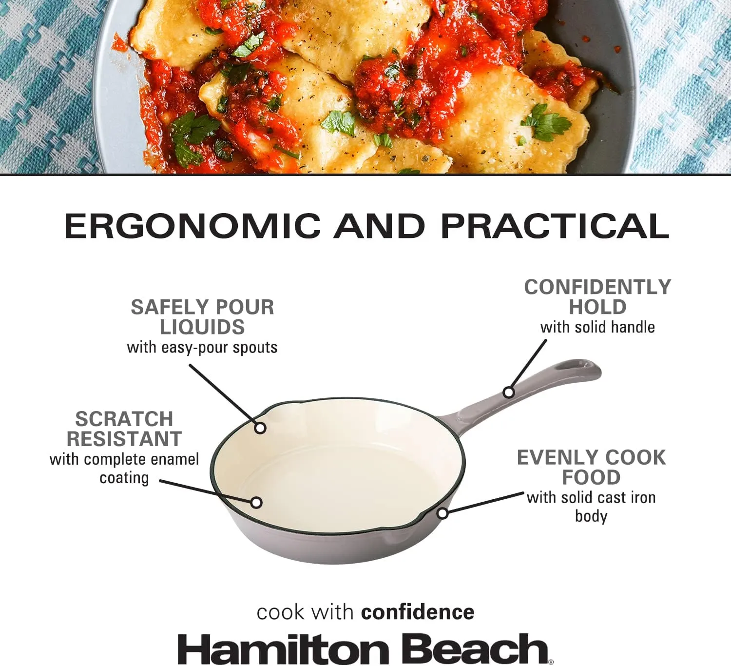 Hamilton Beach Enameled Cast Iron Fry Pan 10-Inch Gray, Cream Enamel coating, Skillet Pan For Stove top and Oven, Even Heat Distribution, Safe Up to 400 Degrees, Durable