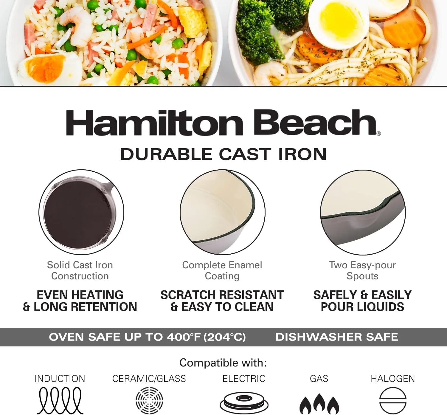 Hamilton Beach Enameled Cast Iron Fry Pan 10-Inch Gray, Cream Enamel coating, Skillet Pan For Stove top and Oven, Even Heat Distribution, Safe Up to 400 Degrees, Durable