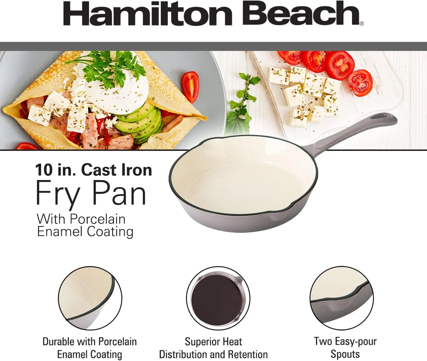 Hamilton Beach Enameled Cast Iron Fry Pan 10-Inch Gray, Cream Enamel coating, Skillet Pan For Stove top and Oven, Even Heat Distribution, Safe Up to 400 Degrees, Durable