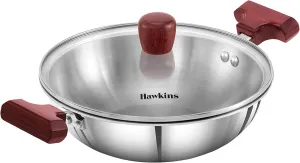 Hawkins 1.5 Litre Deep Fry Pan, Triply Stainless Steel Kadai with Glass Lid, Flat Bottom Induction Kadhai, Small Kadai, Silver (SSD15G)