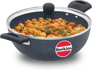 HAWKINS Ceramic Nonstick 3.5 Litre Deep Kadhai, Induction Deep Fry Pan with Glass Lid, Granite Kadai (ICK35G)