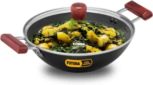 Hawkins Futura 3 Litre Deep Fry Pan, Hard Anodised Kadai with Glass Lid, Flat Bottom Kadhai, Black (AD30G)