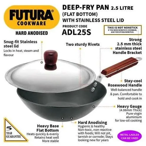 Hawkins Futura Deep Fry Pan Flat Bottom Wok with Lid 2.5L 26cm Diameter (ADL25S)
