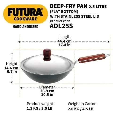 Hawkins Futura Deep Fry Pan Flat Bottom Wok with Lid 2.5L 26cm Diameter (ADL25S)