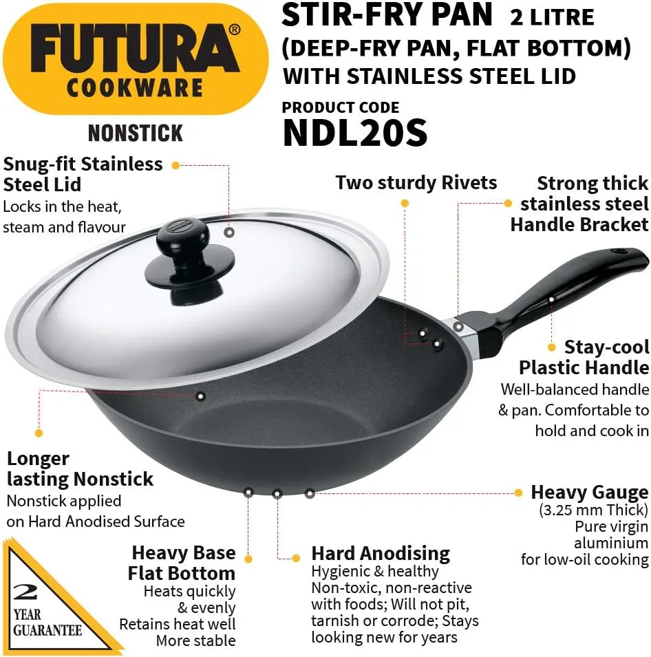 Hawkins Futura Nonstick Deep-Fry Pan (Stir-Fry Pan) 2 L, 26 cm, 3.25 mm with SS Lid (Black)