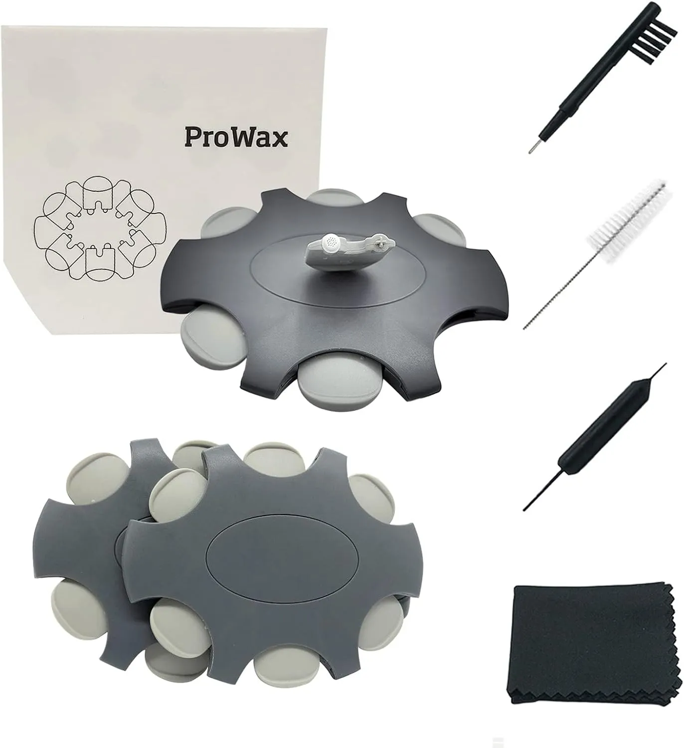 Hearing aid Wax Guards (2mm) Replacement Wax Filters for Oticon ProWax Wax Traps, Hearing Amplifier Cleaning Brush kit Tools with Carry case (2pack, Light Gray)