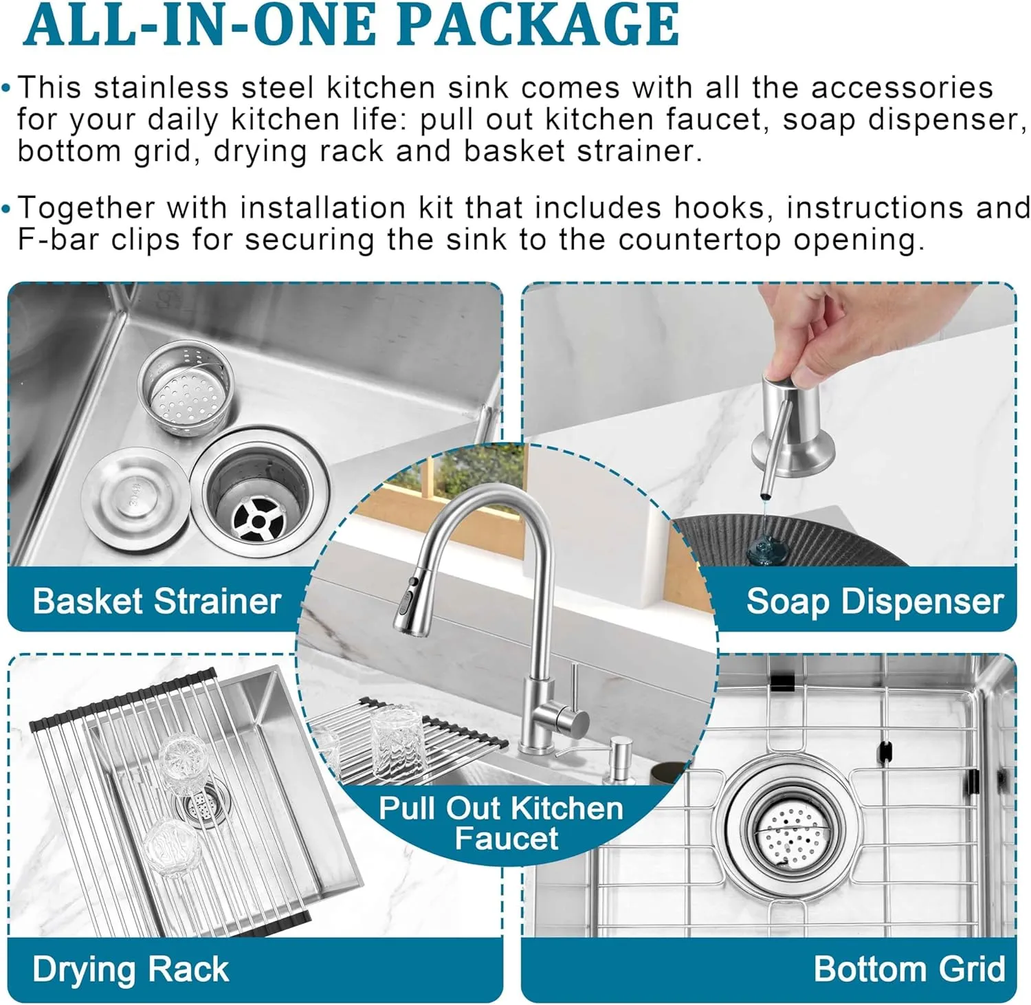 Herogo 15×17 Inch Undermount Kitchen Sink with Faucet Combo, Small Stainless Steel Deep Single Bowl Utility Sink for Rv Bar Outdoor Farmhouse Laundry Room with Brushed Nickel Kitchen Faucet