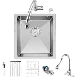 Herogo 15×17 Inch Undermount Kitchen Sink with Faucet Combo, Small Stainless Steel Deep Single Bowl Utility Sink for Rv Bar Outdoor Farmhouse Laundry Room with Brushed Nickel Kitchen Faucet