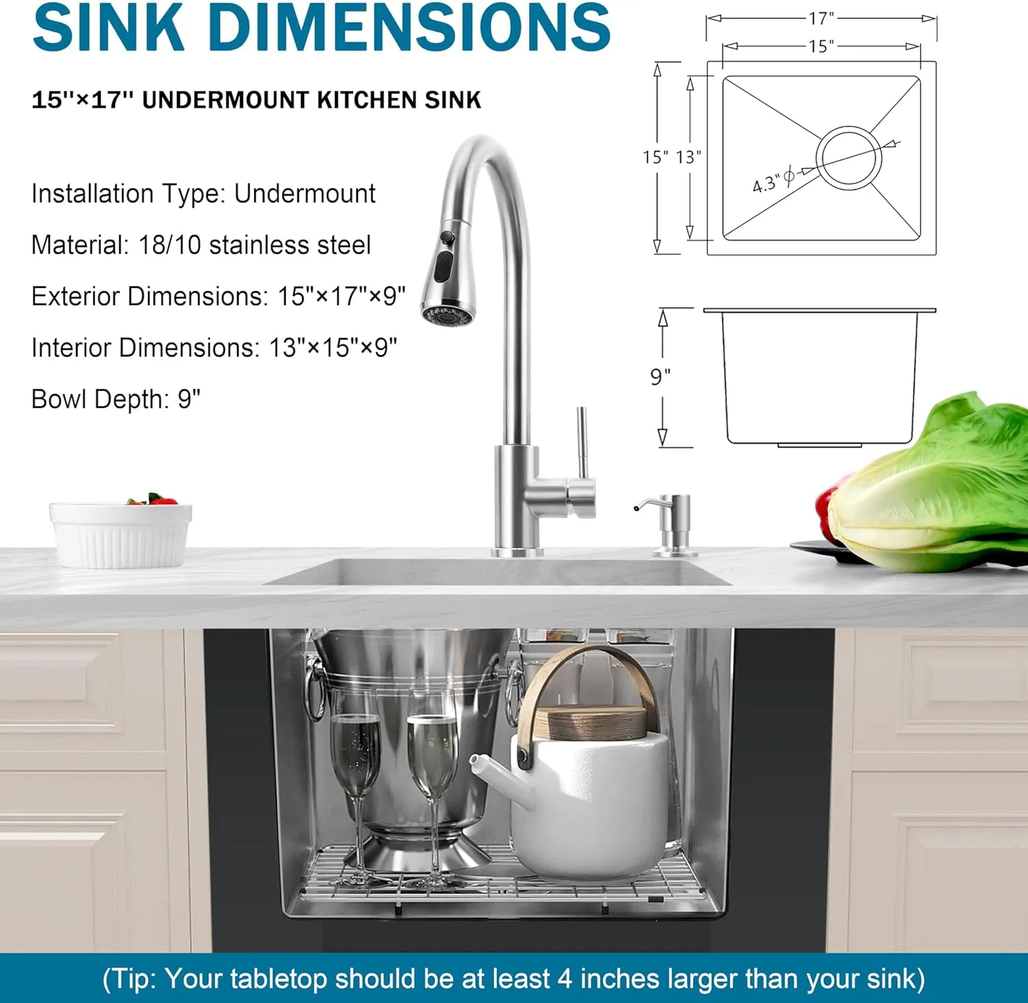 Herogo 15×17 Inch Undermount Kitchen Sink with Faucet Combo, Small Stainless Steel Deep Single Bowl Utility Sink for Rv Bar Outdoor Farmhouse Laundry Room with Brushed Nickel Kitchen Faucet