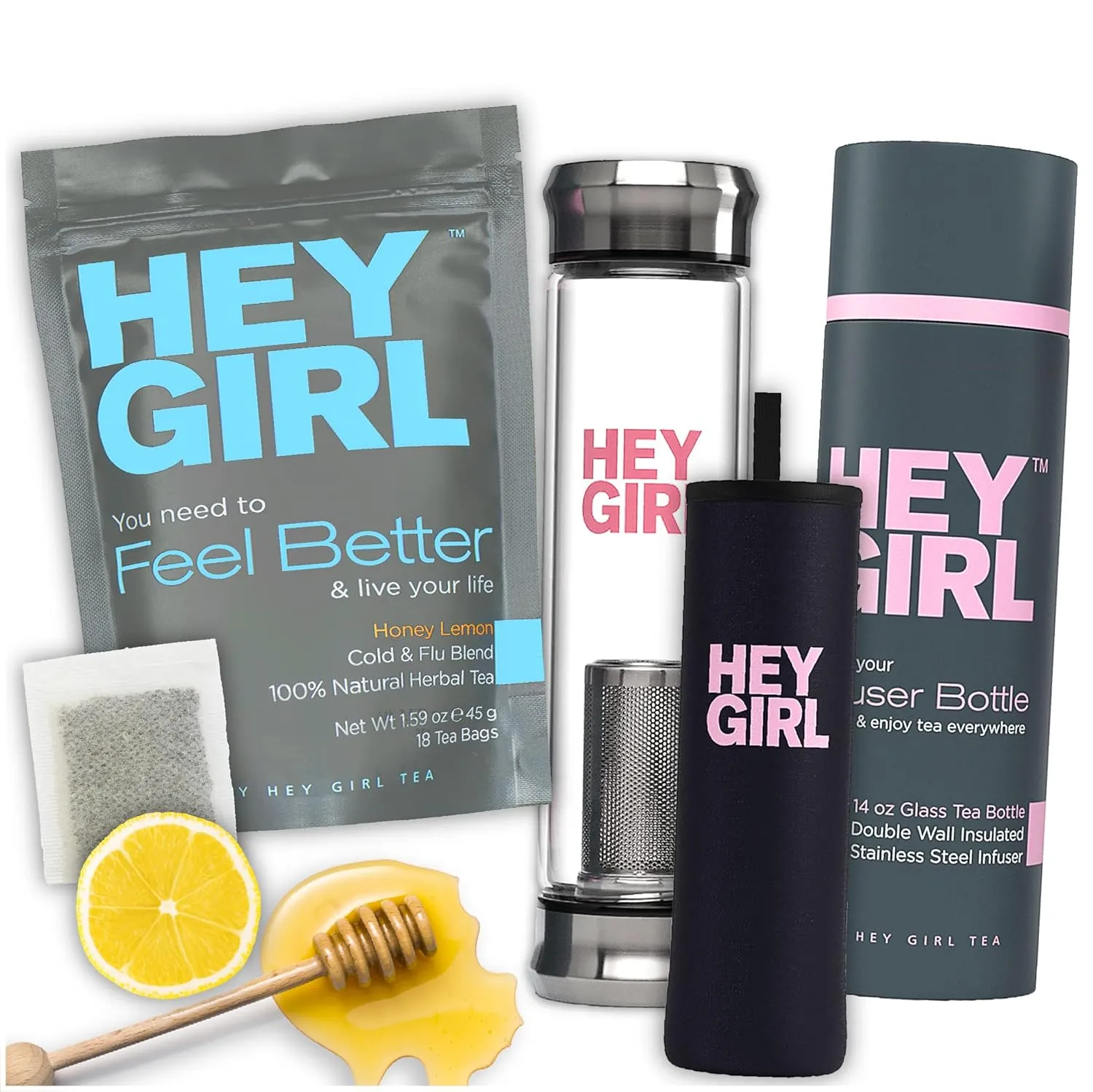 Hey Girl Tea   Tea Bottle Bundle - Feel Better Herbal Tea - Immune Support, Immune Booster plus Glass Infuser Bottle with Tea Diffuser - Insulated Travel Thermos Tumbler For Loose Leaf Tea, Tea Bags