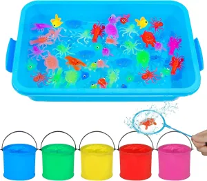 Hiawbon Fishing Bath Tool, Fishing Tool Set with Stacking Pails Fishing Net, Plastic Floating Fish Ocean Sea Animals, Ocean Sensory Color Counting Sorting for Indoor Outdoor Summer