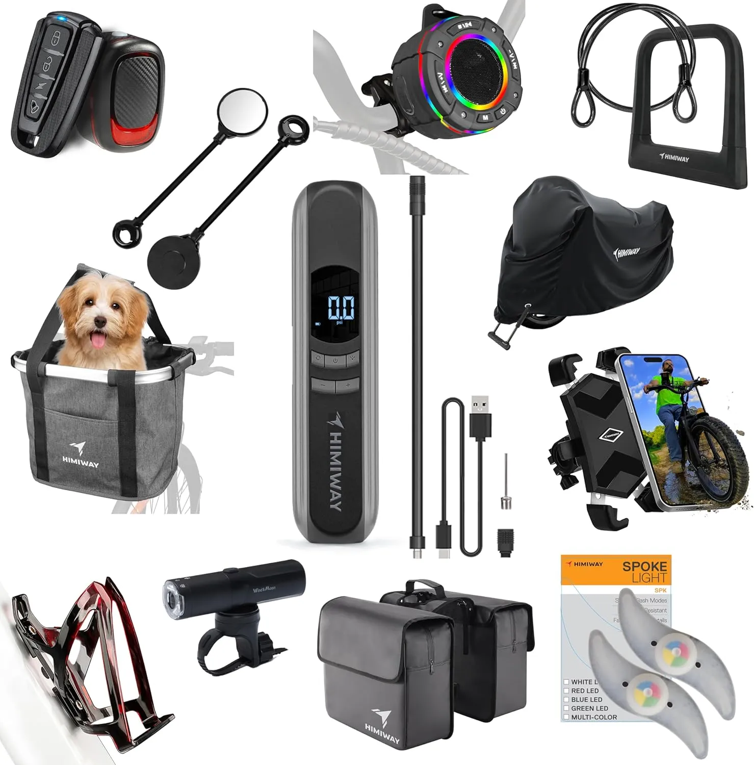Himiway 12 in 1 Bicycle Accessories Gift Pack Include Bike Lock/Bag/Phone Holder/Speaker/Water Bottle Holder/Pump/Headlight/Taillight with Alarm/Cover/Basket/Spoke Light/Mirrors