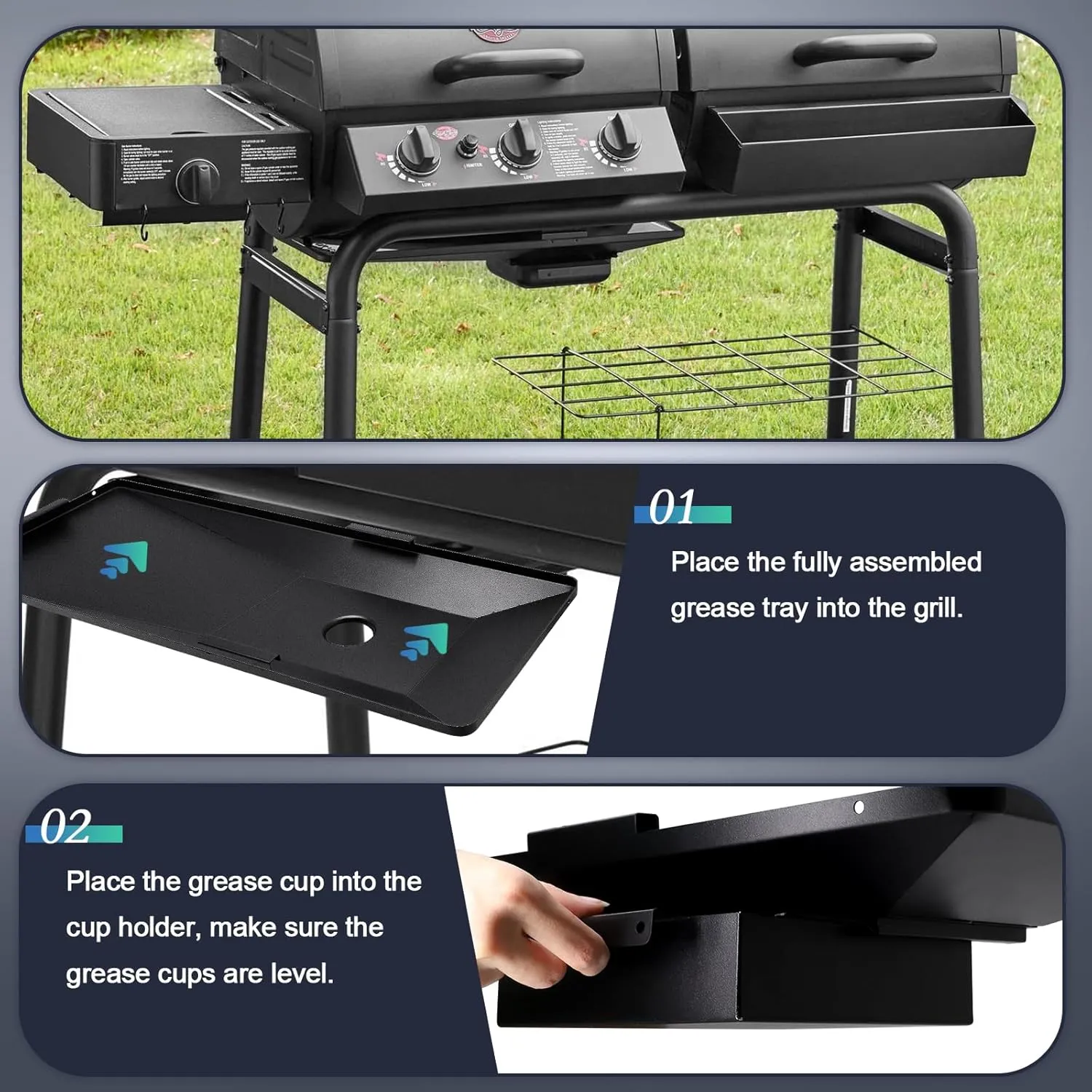 Hiorucet Grease Tray for Char Griller 5050, 5650, 5072, Texas Trio, 3070 Replacement Parts, Porcelain Enameled Steel 200163 Grill Drip Pan with Catch Pan for Chargriller Accessories.