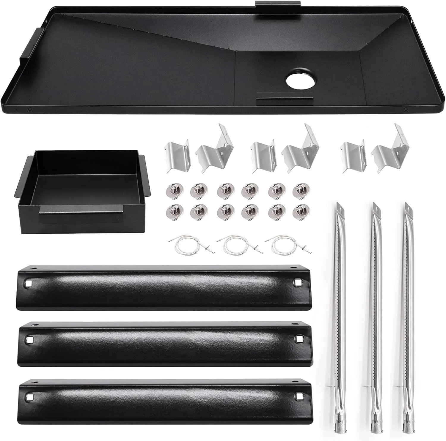 Hiorucet Grill Drip Pan Parts for Char-Griller 5050, 5650, 5072 Gas Grill Model, Grease Tray with Catch Pan, Heat Plate Tent, Burner Tubes, Ignitor, Hanger Brackets for Chargriller Replacement Parts.