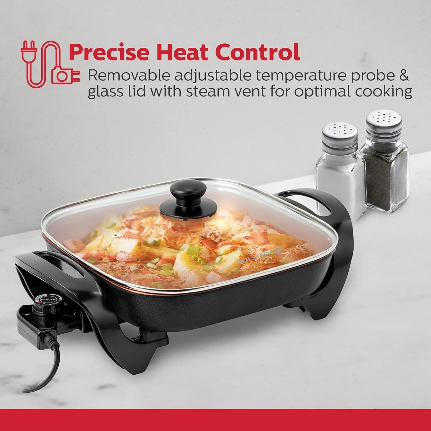 Holstein Housewares 12-Inch Electric Skillet and Frying Pan with Glass Lid, Non-Stick Coating, Temperature Control with Removable Heating Probe, Copper and Black Color