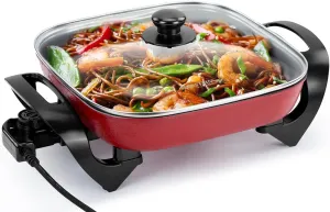 Holstein Housewares 12-Inch Electric Skillet and Frying Pan with Glass Lid, Non-Stick Coating, Temperature Control with Removable Heating Probe, Red
