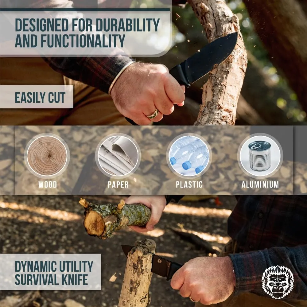 Holtzman's Gorilla Survival Warthog Fixed Blade Hunting Knife with Kydex Sheath (Black) - Ideal for Bushcraft, Camping, and Survival