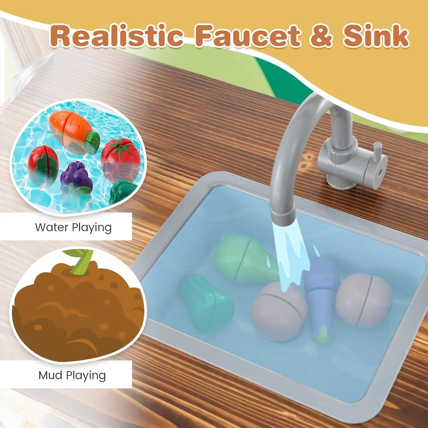 HONEY JOY Mud Kitchen, Fir Wood Outdoor Play Kitchen for Toddlers, Realistic Faucet & Garden Sink, Stoves, Chalkboard, Storage Shelf, Outdoor Kitchen Playset, Mud Kitchen for Kids Outdoor Backyard