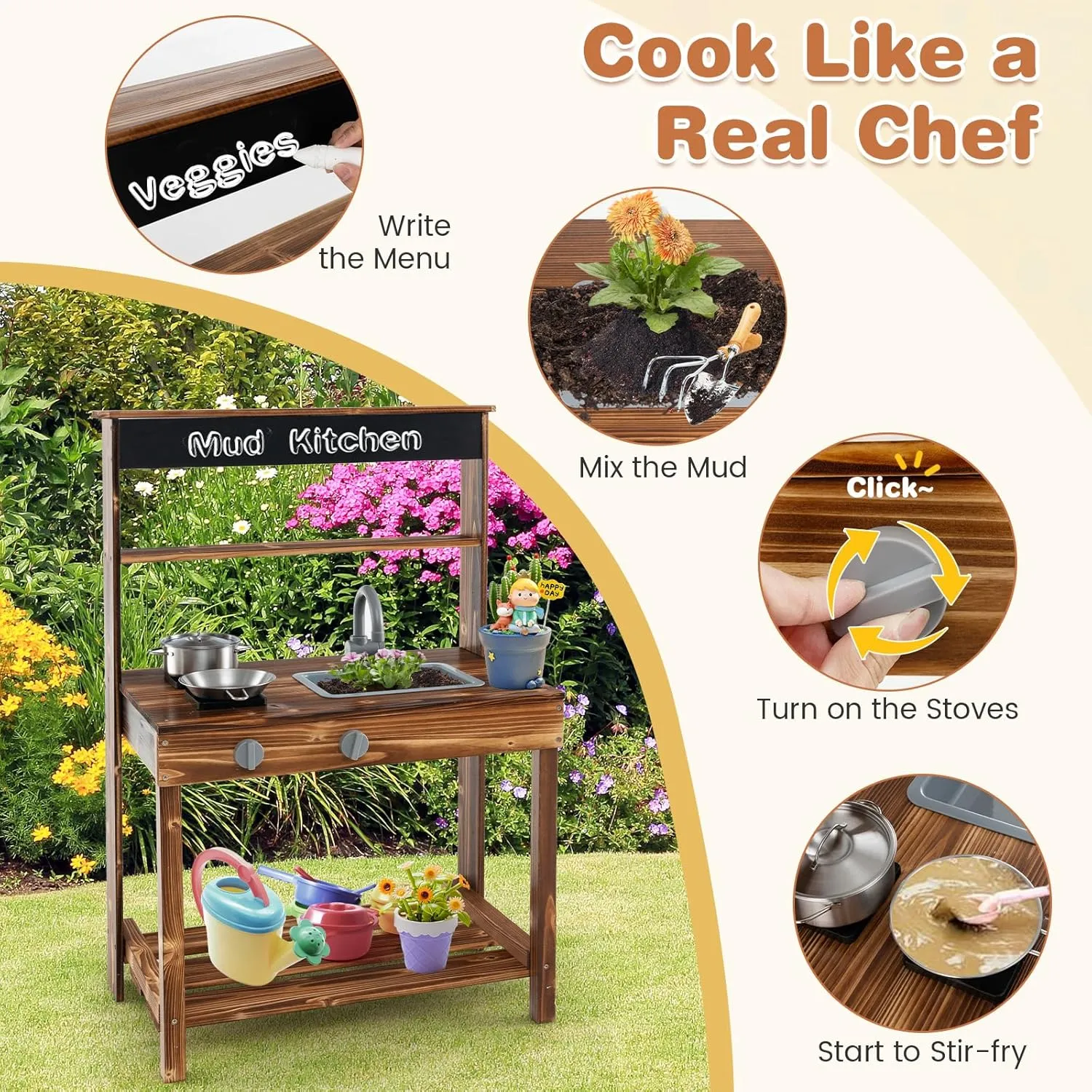 HONEY JOY Mud Kitchen, Fir Wood Outdoor Play Kitchen for Toddlers, Realistic Faucet & Garden Sink, Stoves, Chalkboard, Storage Shelf, Outdoor Kitchen Playset, Mud Kitchen for Kids Outdoor Backyard