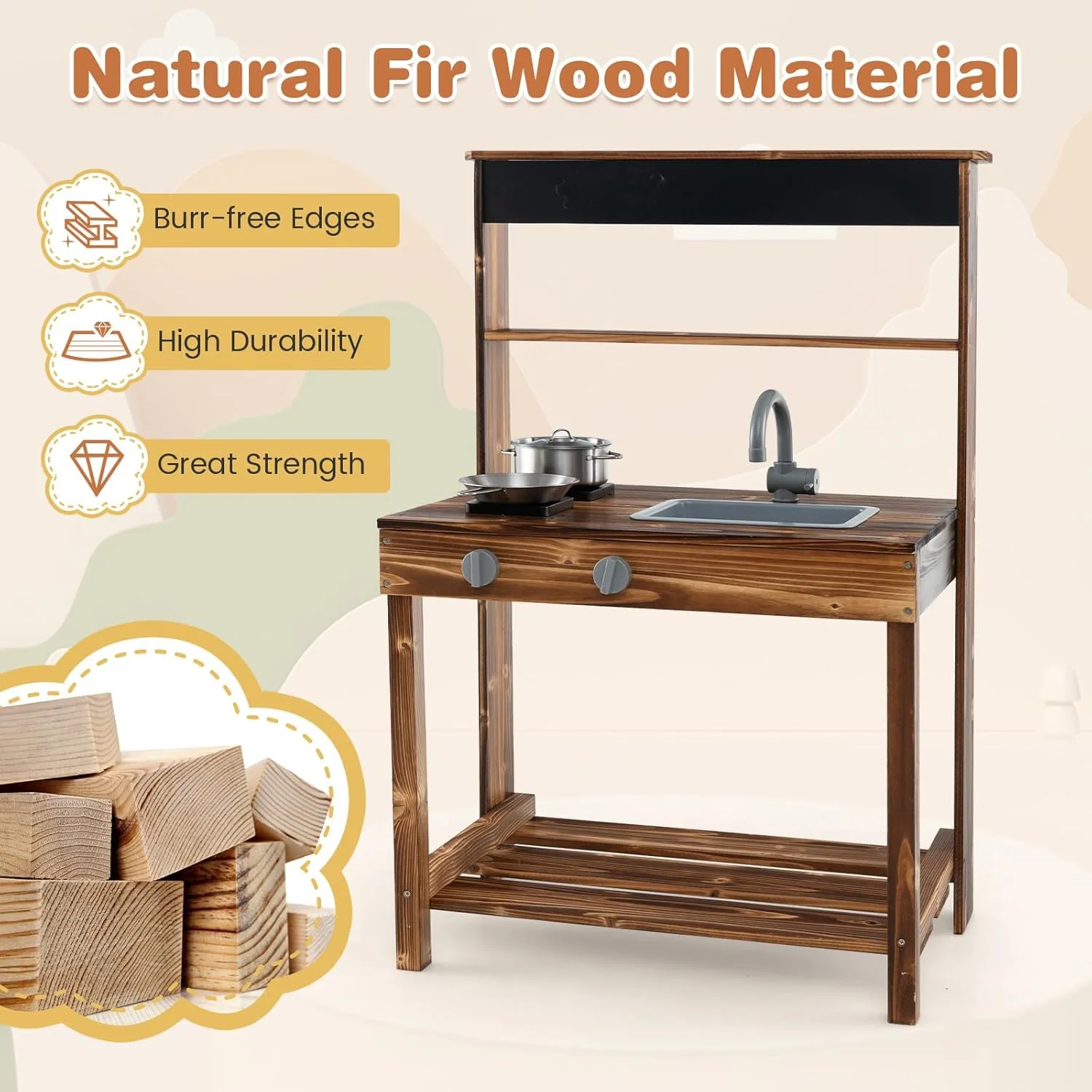 HONEY JOY Mud Kitchen, Fir Wood Outdoor Play Kitchen for Toddlers, Realistic Faucet & Garden Sink, Stoves, Chalkboard, Storage Shelf, Outdoor Kitchen Playset, Mud Kitchen for Kids Outdoor Backyard