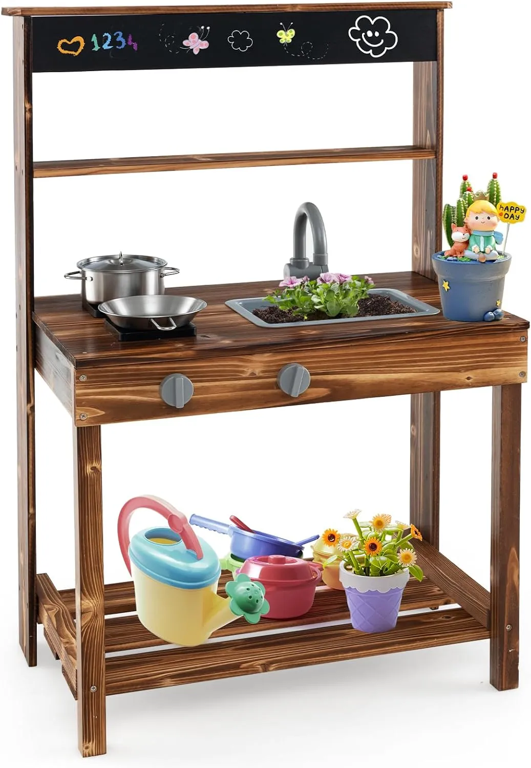 HONEY JOY Mud Kitchen, Fir Wood Outdoor Play Kitchen for Toddlers, Realistic Faucet & Garden Sink, Stoves, Chalkboard, Storage Shelf, Outdoor Kitchen Playset, Mud Kitchen for Kids Outdoor Backyard