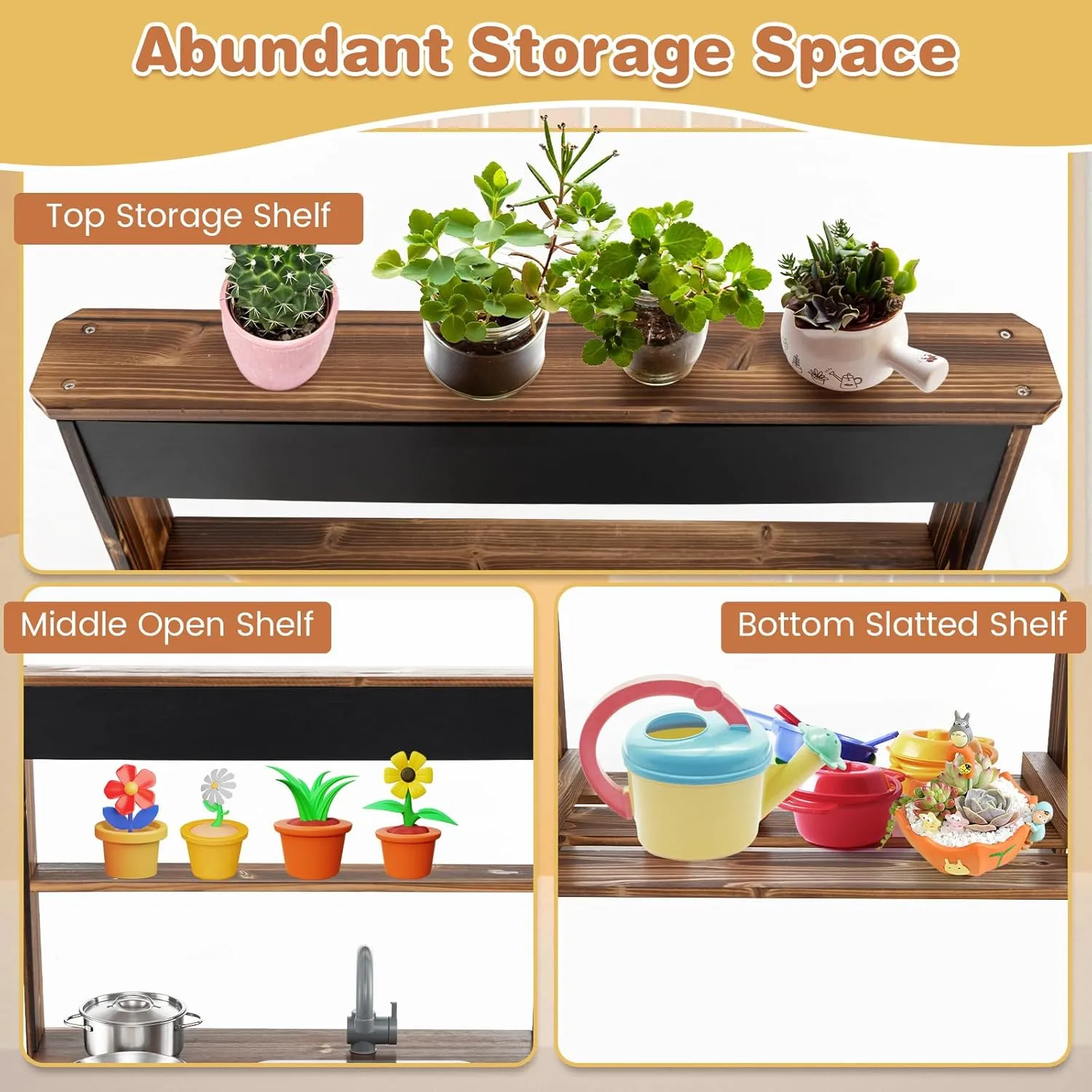 HONEY JOY Mud Kitchen, Fir Wood Outdoor Play Kitchen for Toddlers, Realistic Faucet & Garden Sink, Stoves, Chalkboard, Storage Shelf, Outdoor Kitchen Playset, Mud Kitchen for Kids Outdoor Backyard