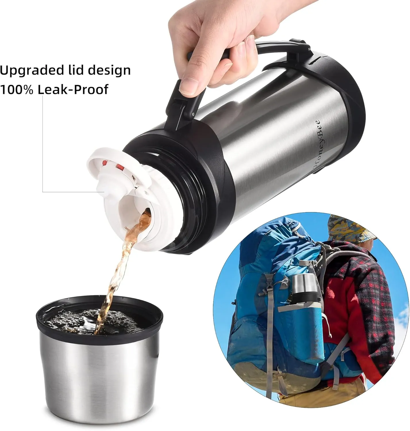 HoneyBee Vacuum Insulated Bottle Coffee Thermo,41 Ounce,Thermos for Hot Drinks.Keep Liquid Hot or Cold 24 Hours.Thermos & Perfect Size Cleaning Brush.Portable.Bpa-Free Termos Para Cafe.（Silver）