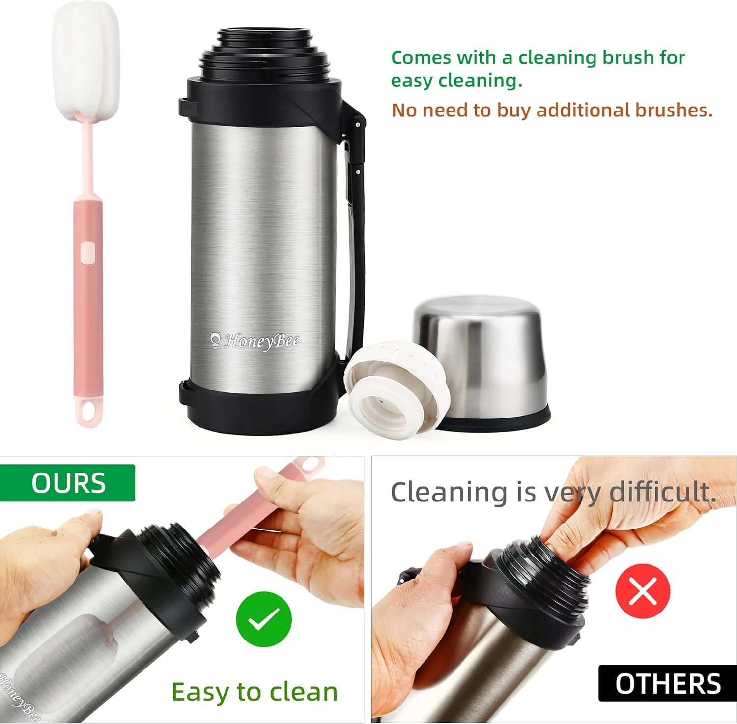 HoneyBee Vacuum Insulated Bottle Coffee Thermo,41 Ounce,Thermos for Hot Drinks.Keep Liquid Hot or Cold 24 Hours.Thermos & Perfect Size Cleaning Brush.Portable.Bpa-Free Termos Para Cafe.（Silver）