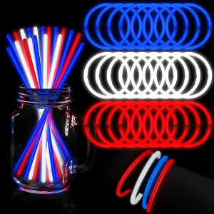 Honoson 150 Pcs Red White Blue 4th of July Glow Stick Bulk, 8 Inch Glow Sticks Bracelets and Necklaces with Connectors Glow in the Dark Sticks Light up Party Favor Patriotic Party Decoration