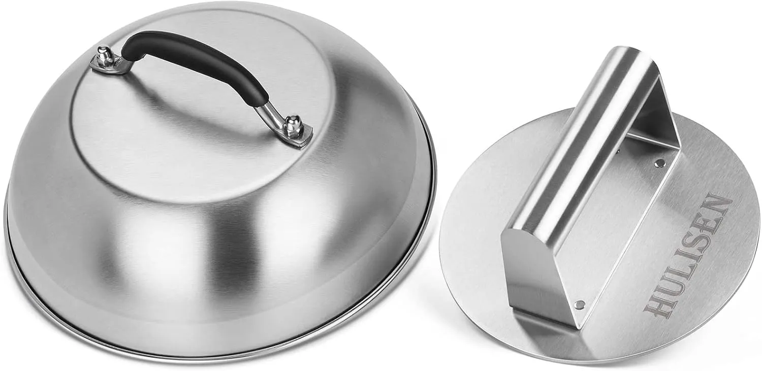 HULISEN Cheese Melting Dome & Smashed Burger Press, 6.2" Grill Press with 9" Basting Cover, Stainless Steel Burger Smasher, Griddle Accessories Kit for Flat Top Grill Cooking Indoor/Outdoor