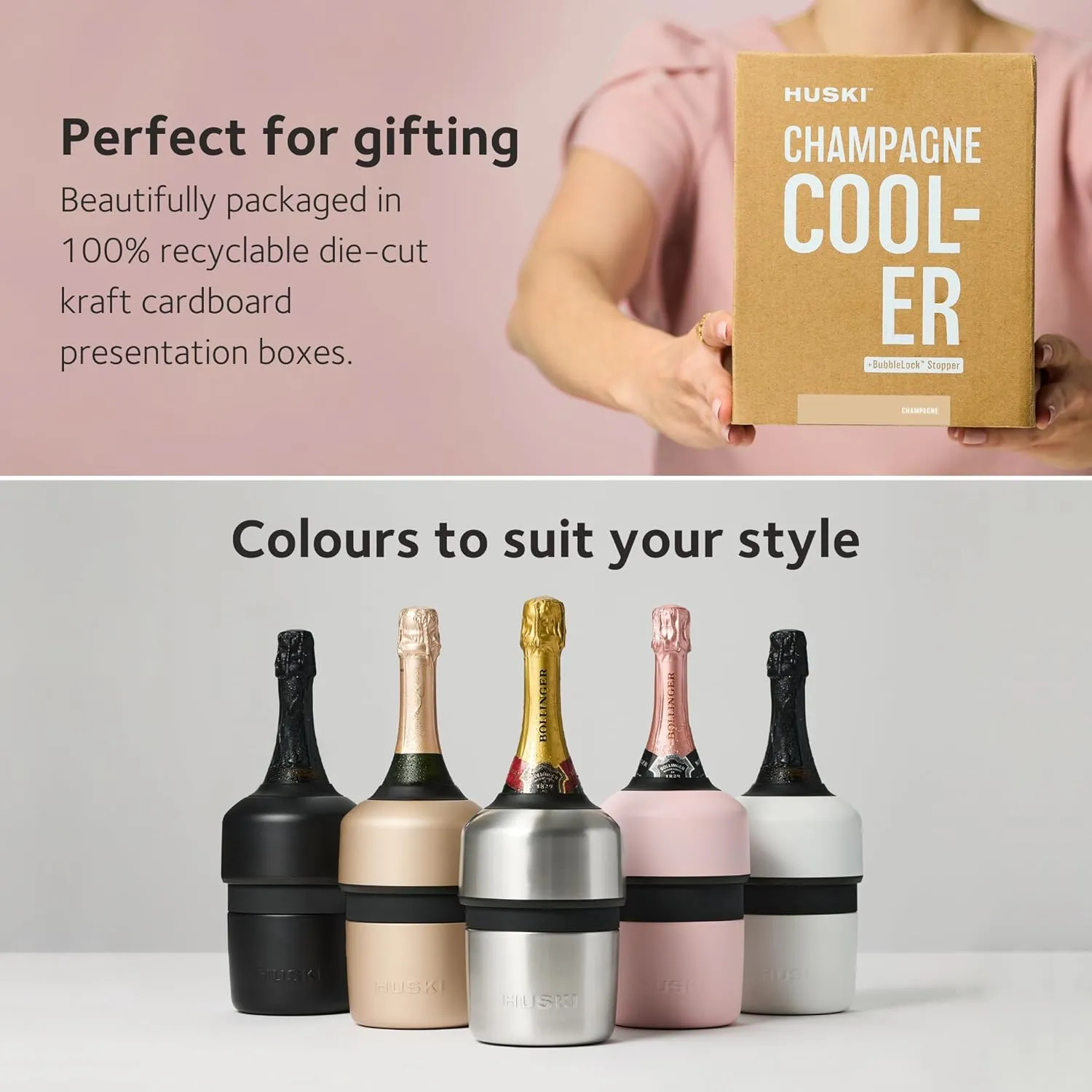 Huski Champagne Chiller | NEW | Award-Winning Iceless Design with Detachable Bottle Stopper | Keeps Wine Cold up to 6 Hours | Fits most 750ml Champagne, Prosecco & Sparkling Wine Bottles (Champagne)