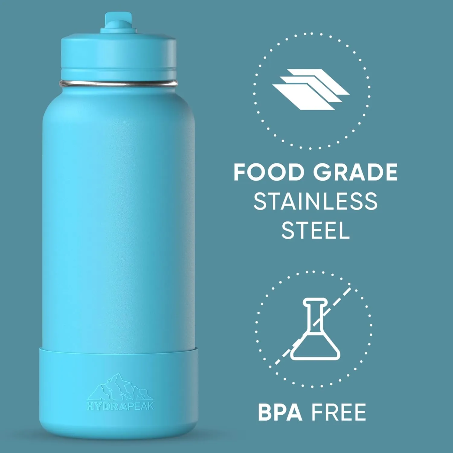 Hydrapeak 32oz Sport Insulated Water Bottle with Straw or Chug Lid, Leak & Spill Proof, Keeps Drinks Cold for 24 Hours, Hot for 12 Hours, Premium Stainless Steel Water Bottles (32oz, Belize)