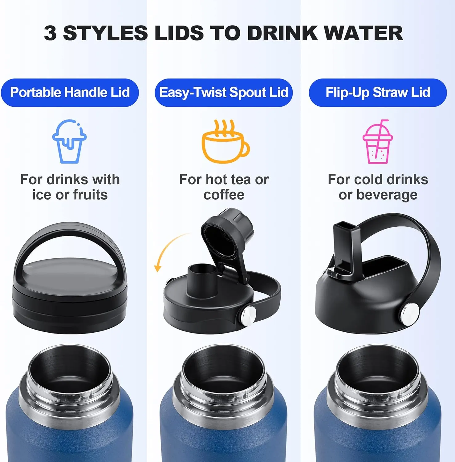 HYDROWION Stainless Steel Water Bottle, 32oz Wide Mouth Double Wall Vacuum Insulated Water Bottle with Straw Lid, Spout Lid and Flex Cap, Leakproof,Fit in Any Car Cup Holder, Mint&Pink&Purple
