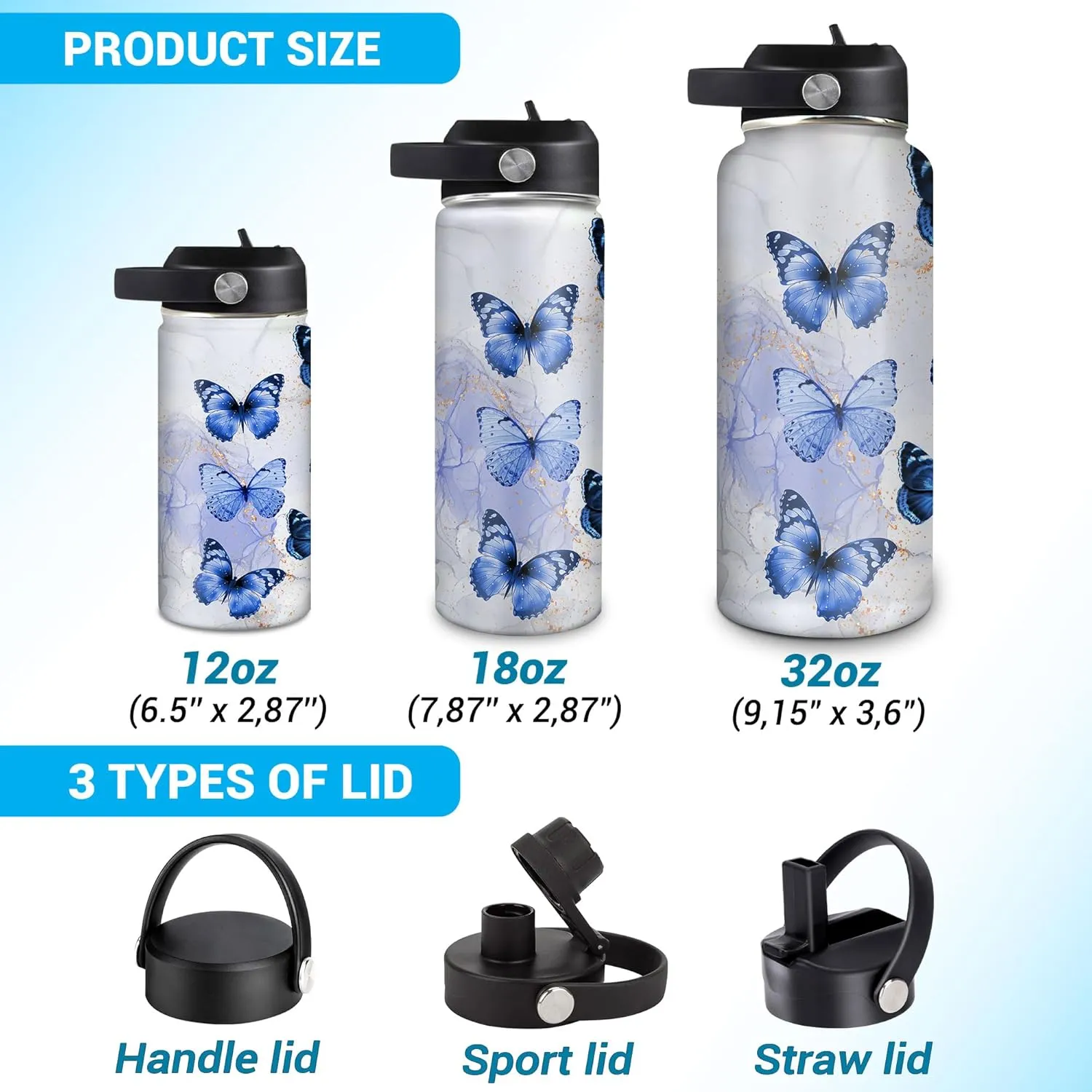 Hyturtle Personalized Butterfly Water Bottle - Custom Name Insulated Stainless Steel Bottle with Leak-Proof Lid 18oz 32oz - Animal Gift for Women Girls Butterfly Lovers - Birthday & Christmas Gift