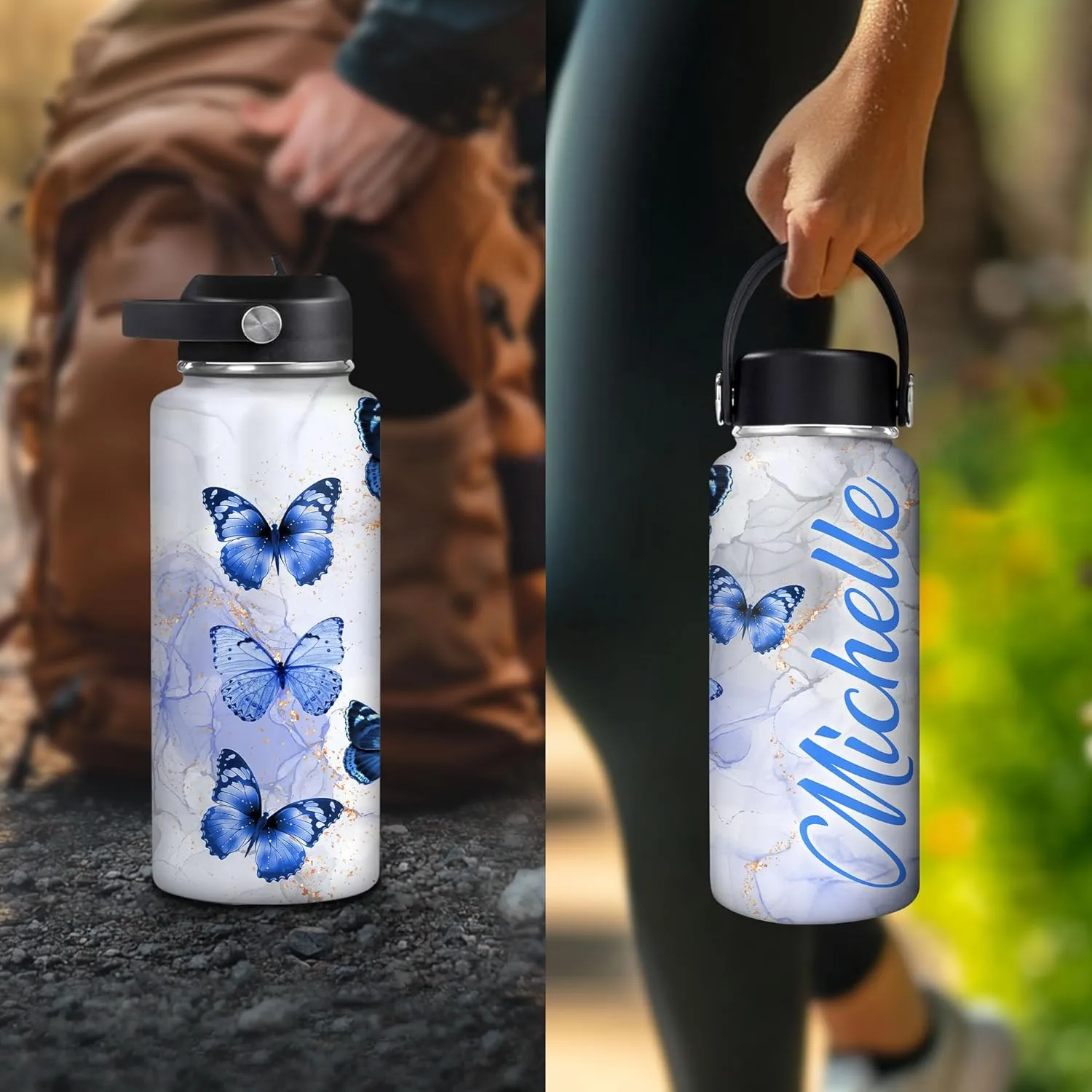 Hyturtle Personalized Butterfly Water Bottle - Custom Name Insulated Stainless Steel Bottle with Leak-Proof Lid 18oz 32oz - Animal Gift for Women Girls Butterfly Lovers - Birthday & Christmas Gift