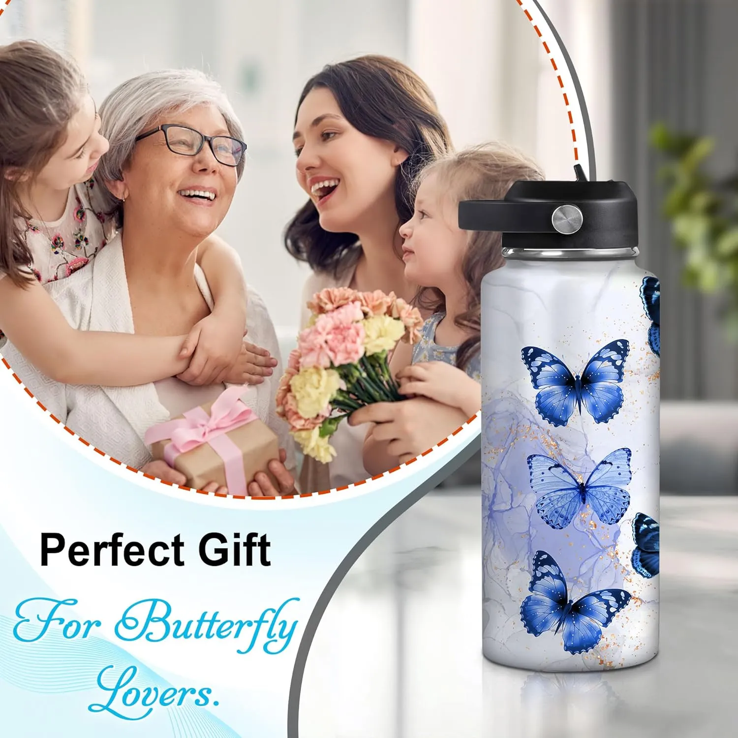 Hyturtle Personalized Butterfly Water Bottle - Custom Name Insulated Stainless Steel Bottle with Leak-Proof Lid 18oz 32oz - Animal Gift for Women Girls Butterfly Lovers - Birthday & Christmas Gift