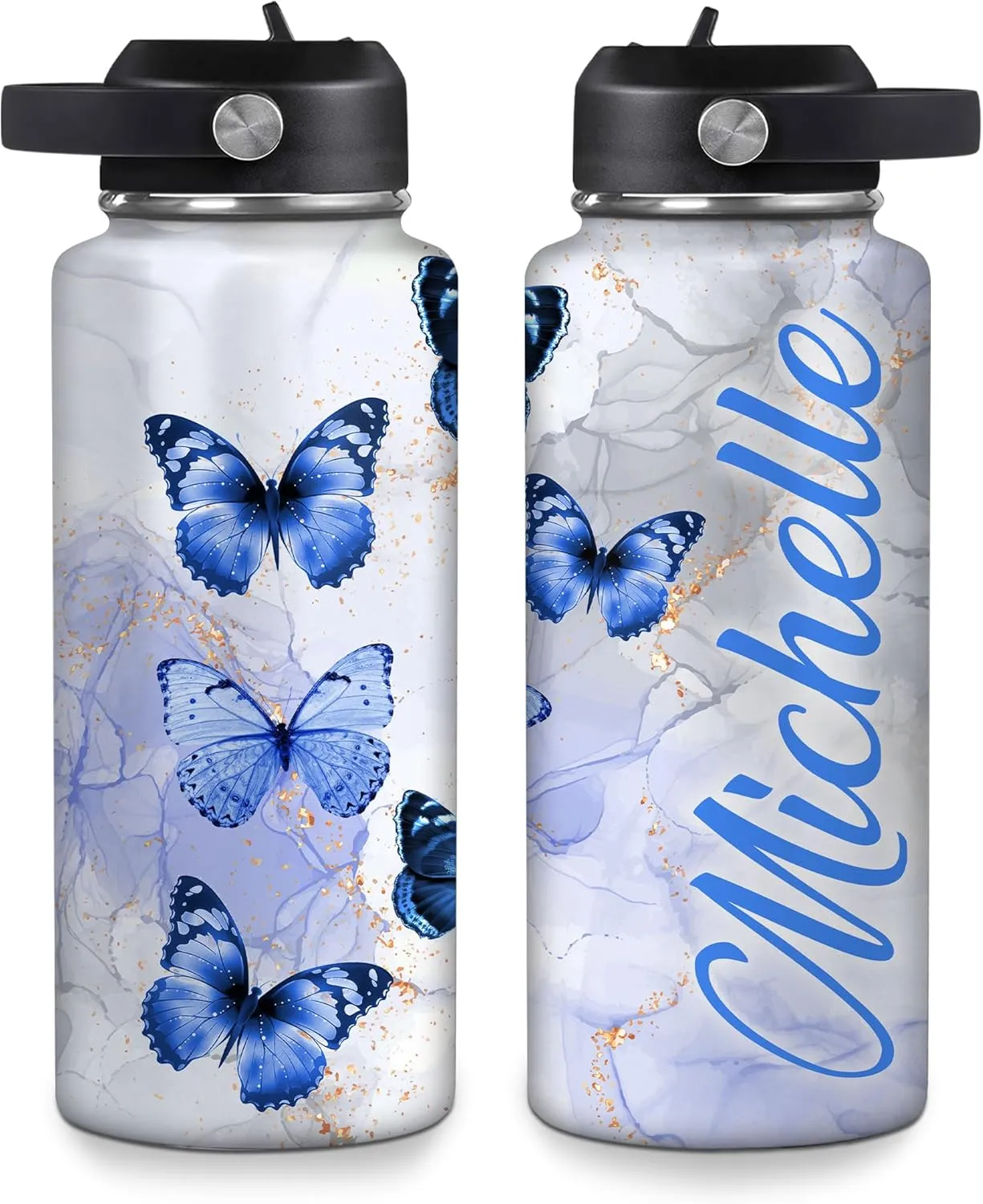 Hyturtle Personalized Butterfly Water Bottle - Custom Name Insulated Stainless Steel Bottle with Leak-Proof Lid 18oz 32oz - Animal Gift for Women Girls Butterfly Lovers - Birthday & Christmas Gift