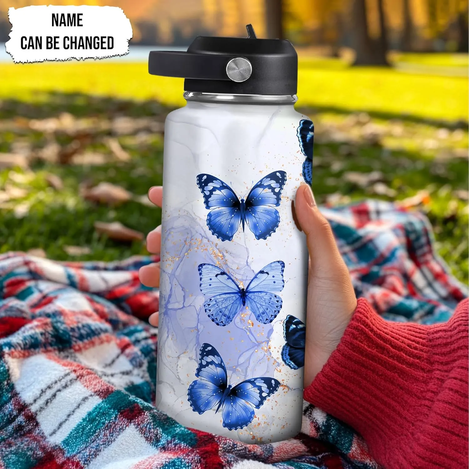 Hyturtle Personalized Butterfly Water Bottle - Custom Name Insulated Stainless Steel Bottle with Leak-Proof Lid 18oz 32oz - Animal Gift for Women Girls Butterfly Lovers - Birthday & Christmas Gift