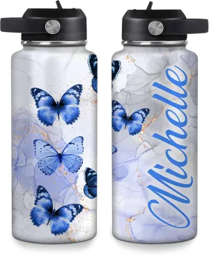 Hyturtle Personalized Butterfly Water Bottle - Custom Name Insulated Stainless Steel Bottle with Leak-Proof Lid 18oz 32oz - Animal Gift for Women Girls Butterfly Lovers - Birthday & Christmas Gift