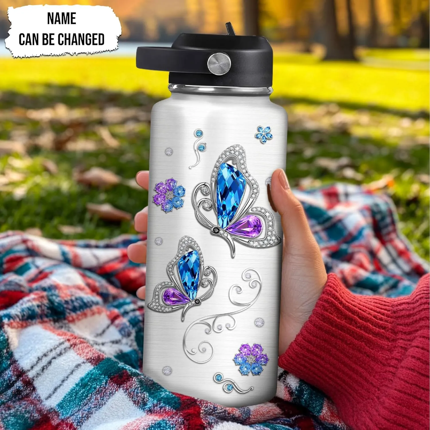 Hyturtle Personalized Butterfly Water Bottle - Travel Insulated Stainless Steel Bottle with Leak-Proof Lid 32oz - Jewelry Drawings Style Butterfly Gift for Women Animal Lovers On Birthday Christmas