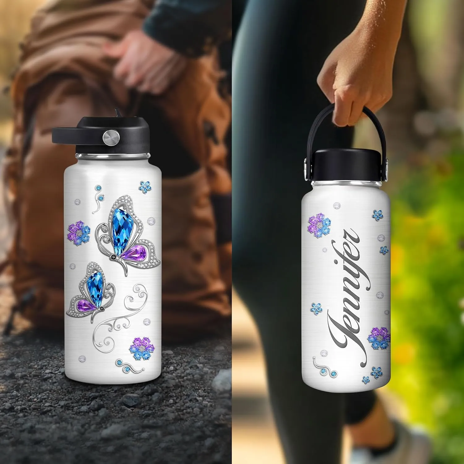 Hyturtle Personalized Butterfly Water Bottle - Travel Insulated Stainless Steel Bottle with Leak-Proof Lid 32oz - Jewelry Drawings Style Butterfly Gift for Women Animal Lovers On Birthday Christmas