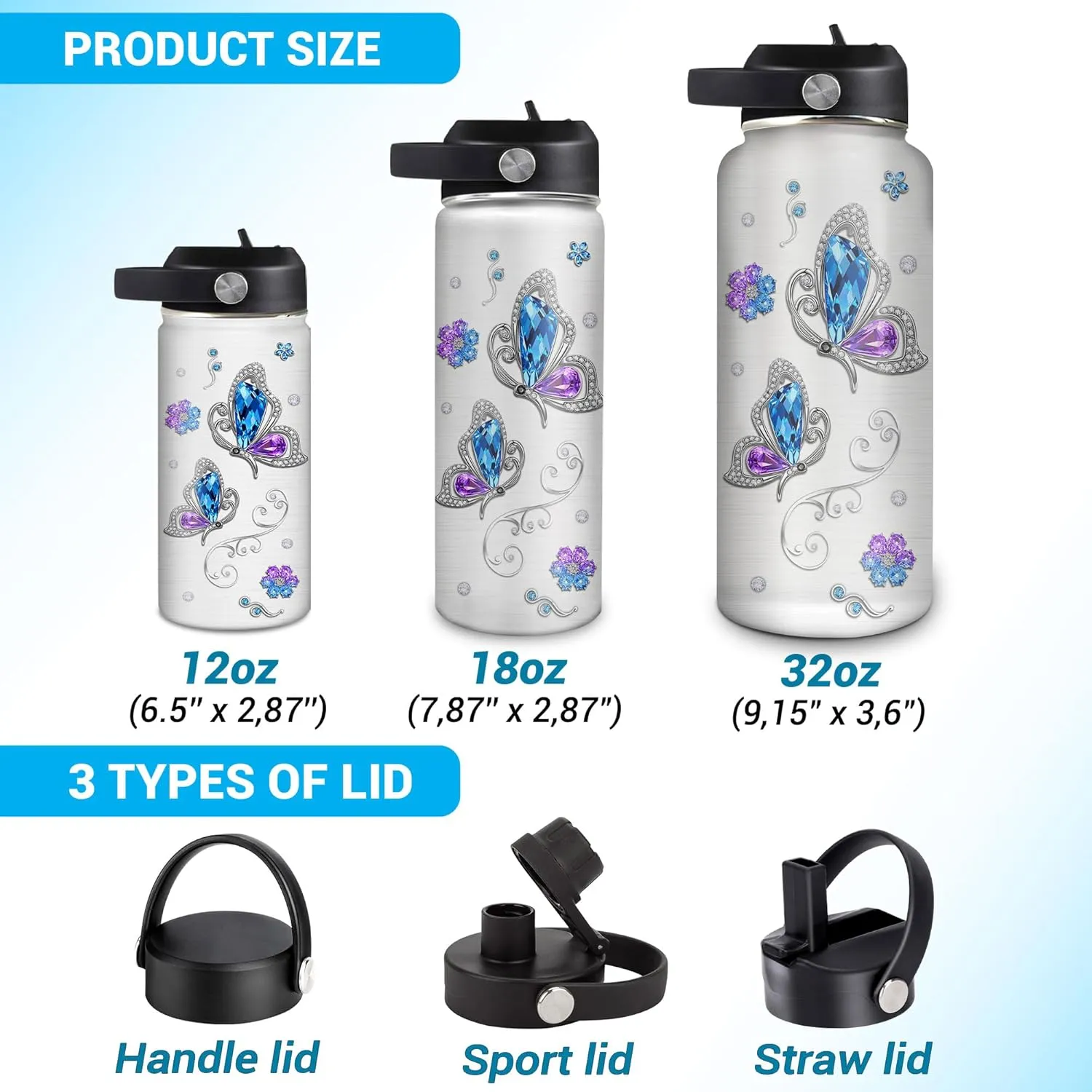 Hyturtle Personalized Butterfly Water Bottle - Travel Insulated Stainless Steel Bottle with Leak-Proof Lid 32oz - Jewelry Drawings Style Butterfly Gift for Women Animal Lovers On Birthday Christmas