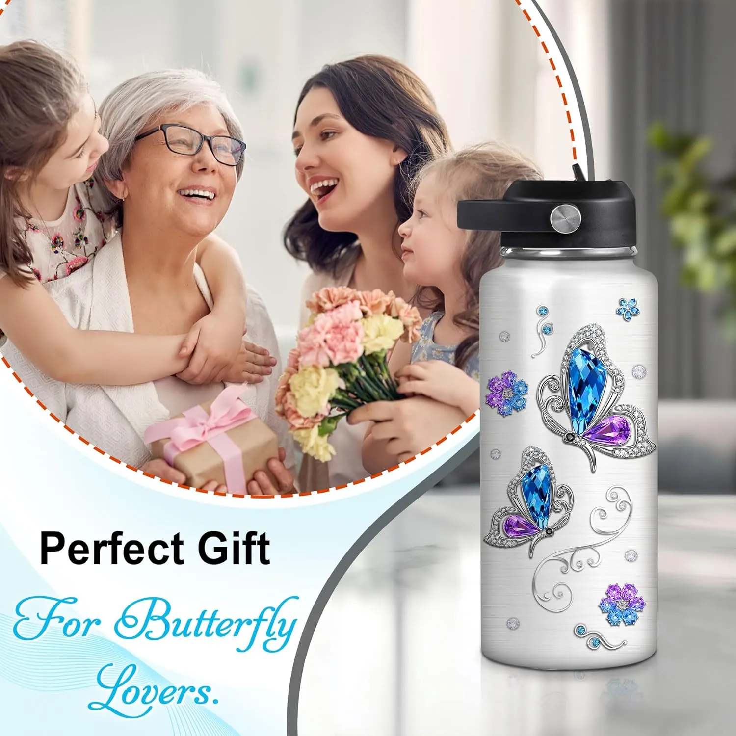 Hyturtle Personalized Butterfly Water Bottle - Travel Insulated Stainless Steel Bottle with Leak-Proof Lid 32oz - Jewelry Drawings Style Butterfly Gift for Women Animal Lovers On Birthday Christmas
