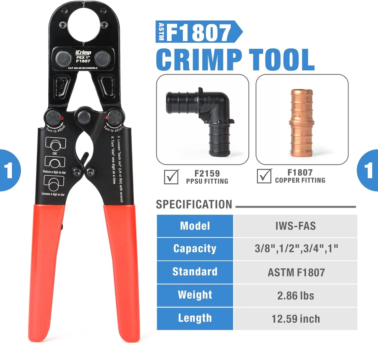 iCrimp PEX Crimping Tool Kit for 3/8 inch, 1/2 inch, 3/4 inch, 1 inch Pex Copper Crimp Rings, c/w PEX Cutter,Go-no-go Gauge, Meets ASTM F1807 Standard