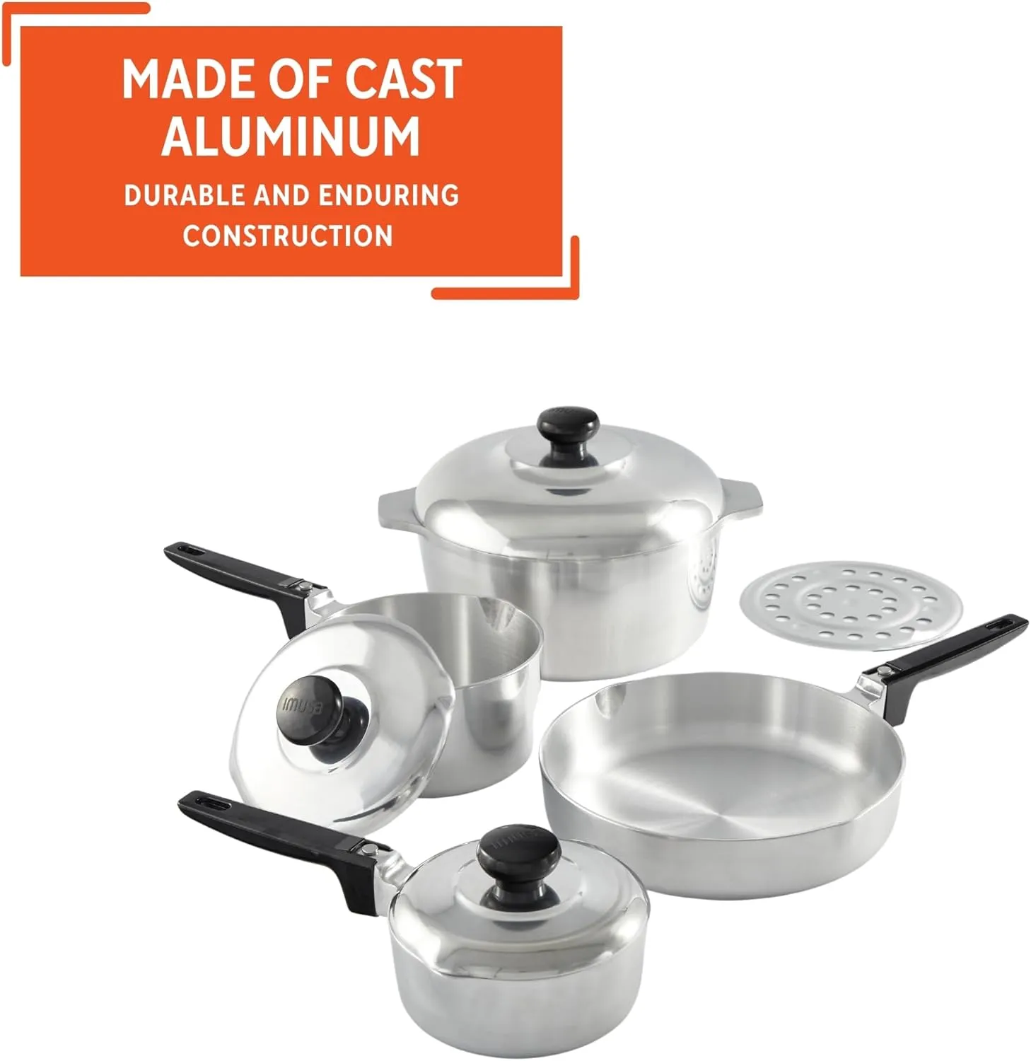 IMUSA USA Heavy Duty 8-Piece Cast Aluminum Cajun Cookware Set, Silver