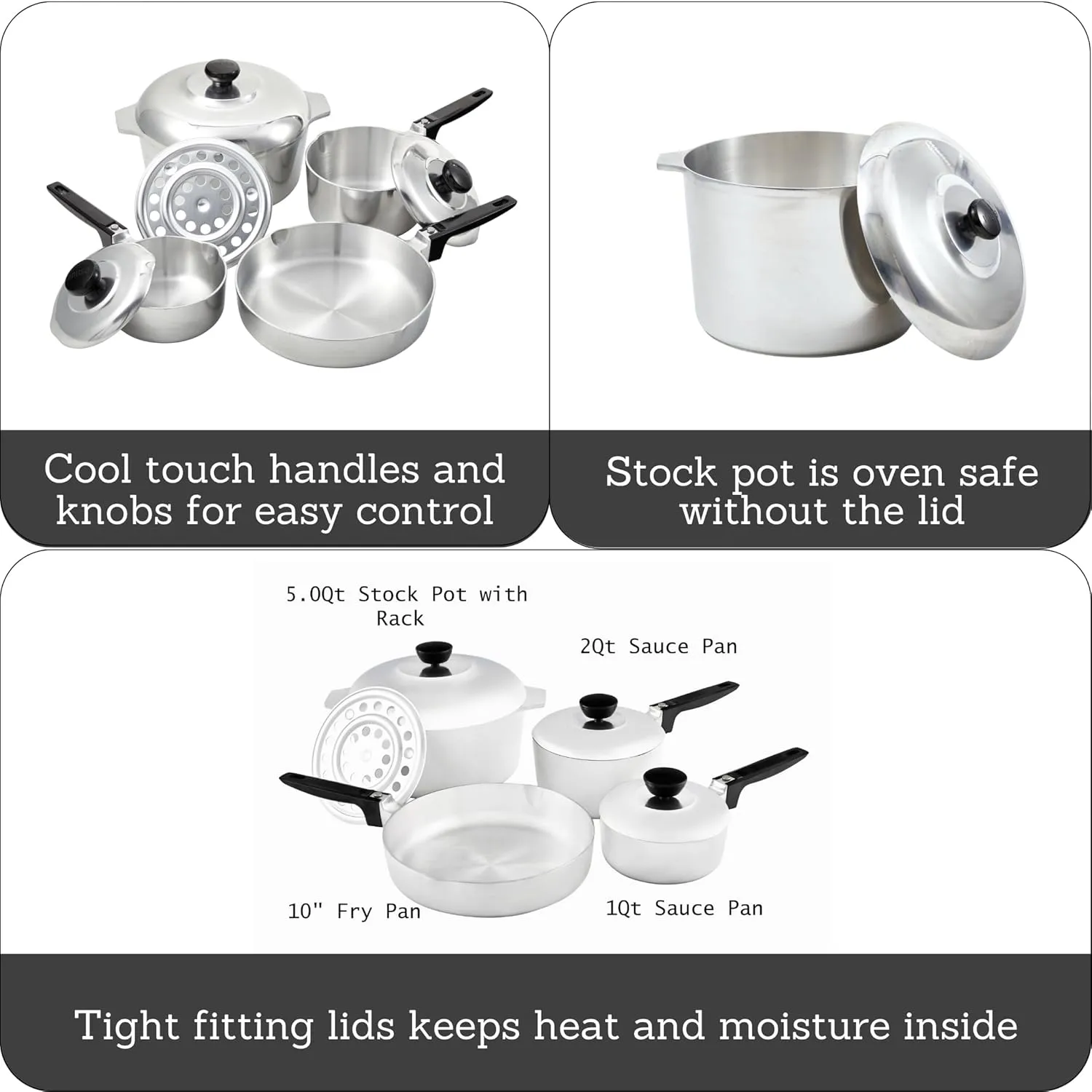 IMUSA USA Heavy Duty 8-Piece Cast Aluminum Cajun Cookware Set, Silver