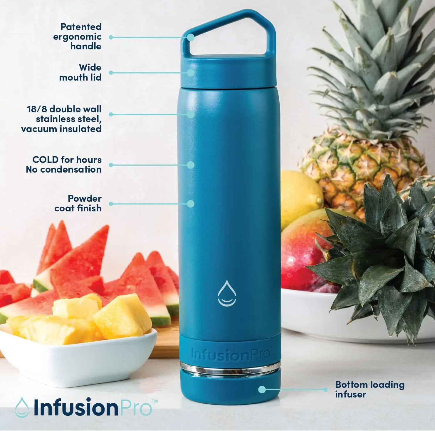 Infusion Pro Fruit Infuser Water Bottle - Vacuum Insulated (20 oz) Stainless Steel : Fruit Infusion Recipe eBook : Bottom Loading for More Flavor : Easy Cleaning : Great Gift