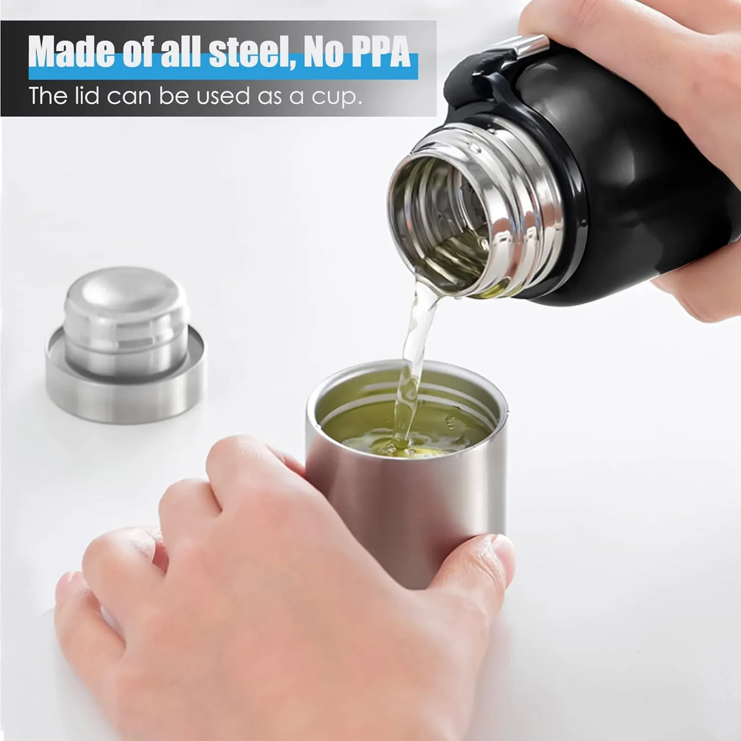 Insulated vacuum Thermo Bottle 750ml/25.4oz with cup Stainless steel coffee bottles for hot and cold drink water flask.(Black,750ml)